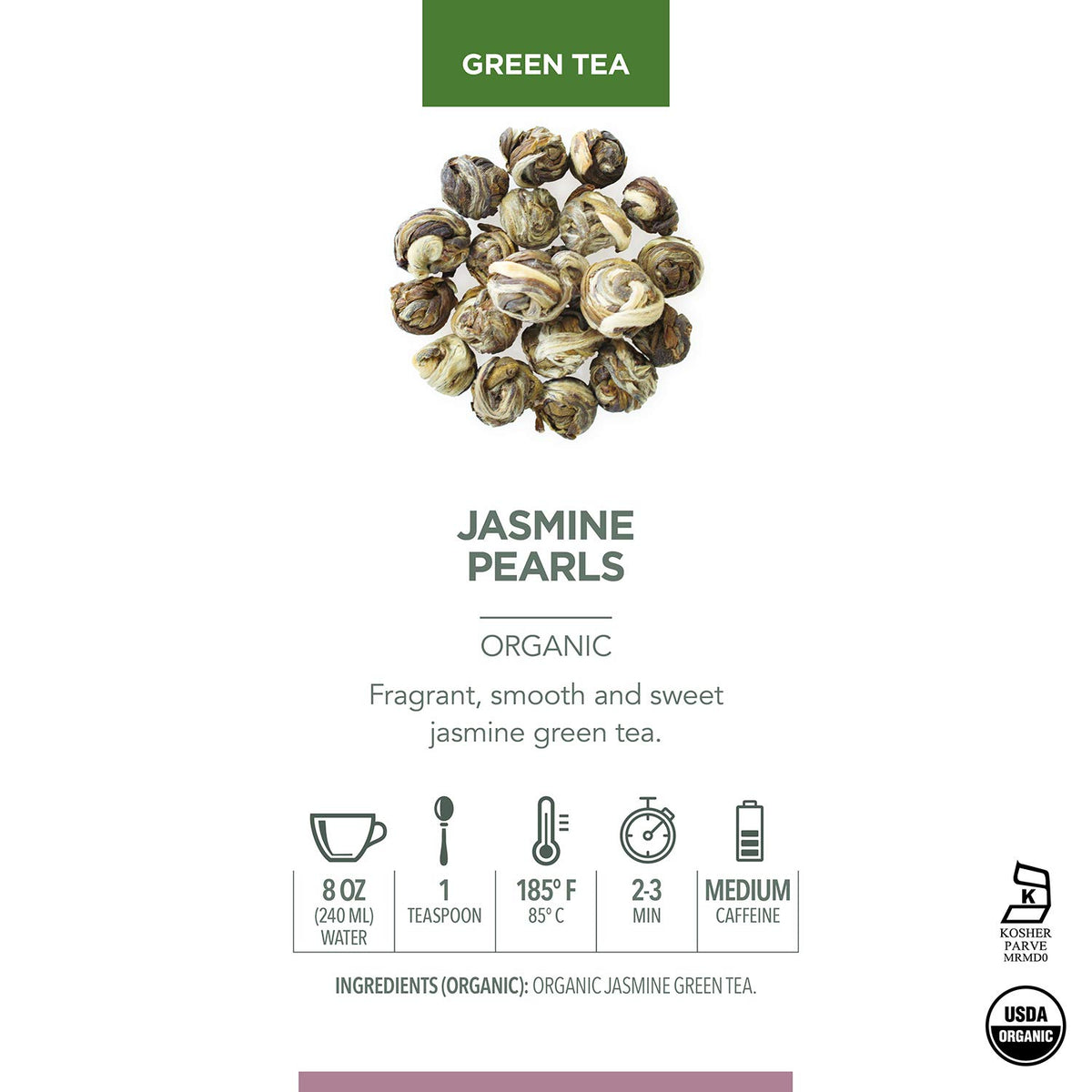 Teabloom Organic Green Tea, Jasmine Pearls Loose Leaf Tea, Captivating and Aromatic Jasmine Tea, USDA Certified Organic and Kosher, 5.29 oz/150 g Canister Makes 90-120 Cups