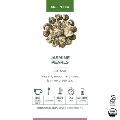 Teabloom Organic Green Tea, Jasmine Pearls Loose Leaf Tea, Captivating and Aromatic Jasmine Tea, USDA Certified Organic and Kosher, 5.29 oz/150 g Canister Makes 90-120 Cups