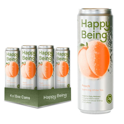 Happy Being Peach Sparkling White Tea, Antioxidant, 12oz 4 Pack