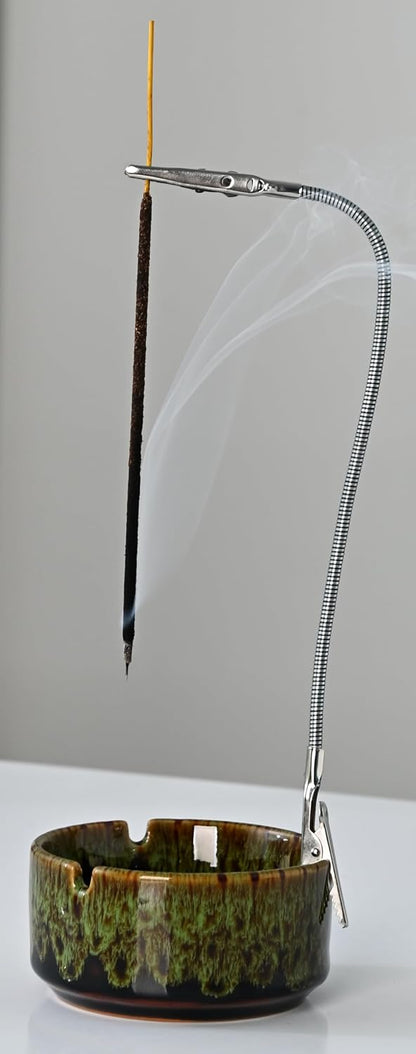 Modern Incense Holder with Flexible Metal Stand, Silver Ash Collector Base, Minimalist Design for Home Meditation and Aromatherapy. (Black + Clip)