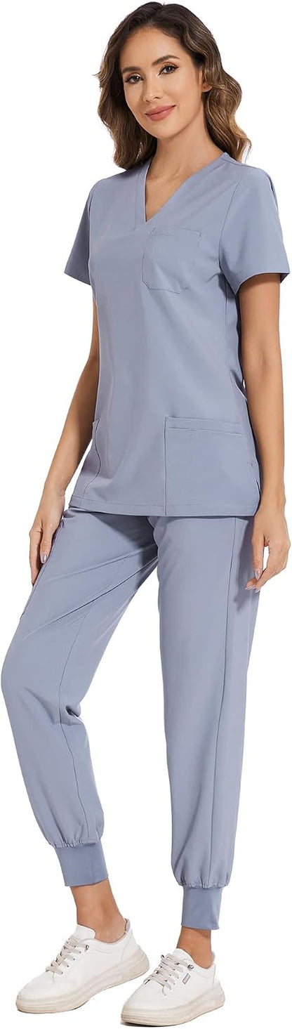 COZYFIT Scrubs for Women Set - Stretch V-Neck Scrub Top & Jogger Pant with 8 Pockets COZY SCRUBS - Colors A