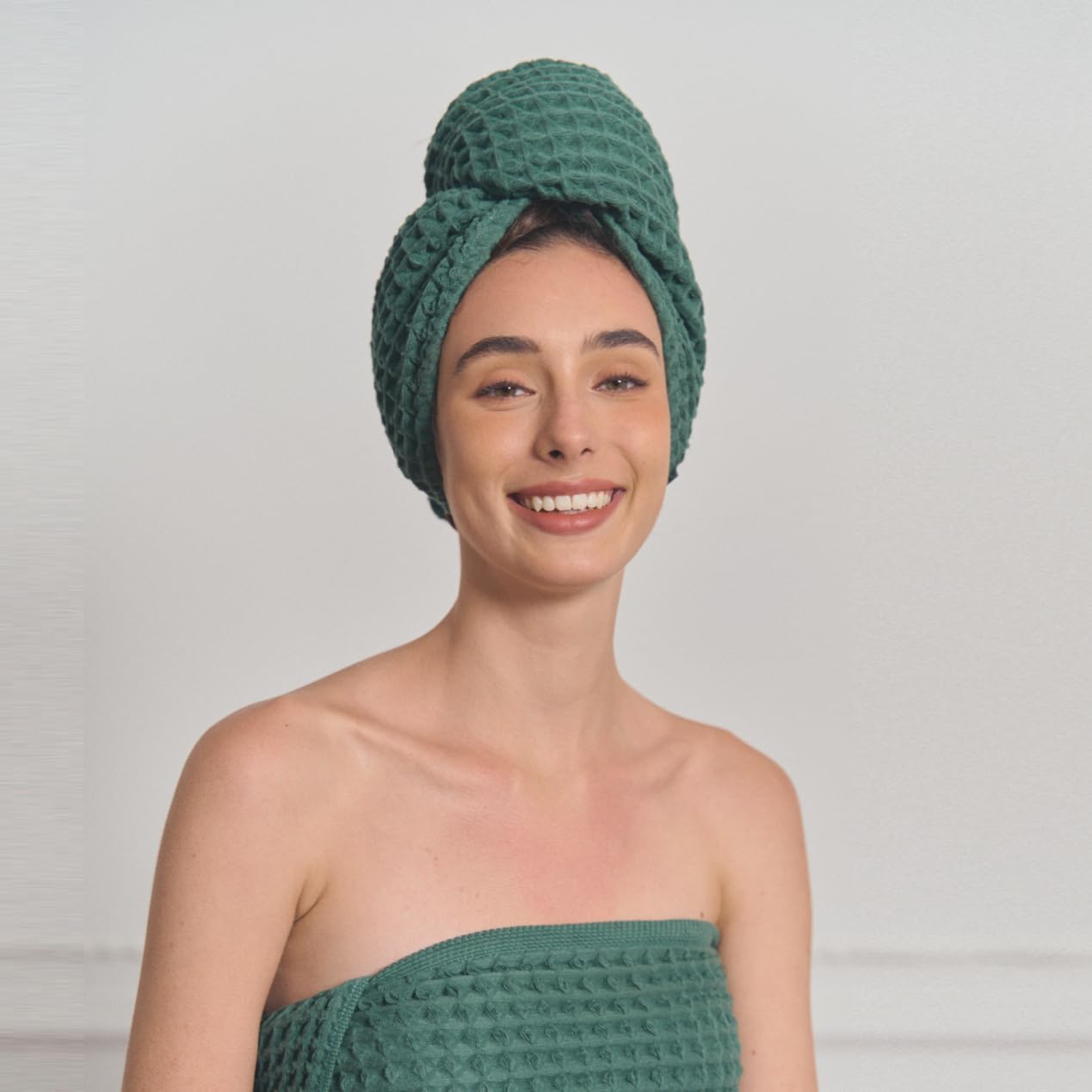 Luxury Organic Japanese Cotton Hair Drying Waffle Towel Wrap for Women | Absorbent, Quick-Dry Head Turban for Shower, Sauna, Spa | Extra Large for Long, Curly, Straight Hair With Button (White, 1 Pc)