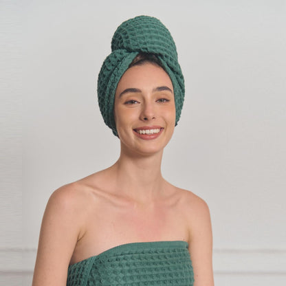 Luxury Organic Japanese Cotton Hair Drying Waffle Towel Wrap for Women | Absorbent, Quick-Dry Head Turban for Shower, Sauna, Spa | Extra Large for Long, Curly, Straight Hair With Button (White, 1 Pc)