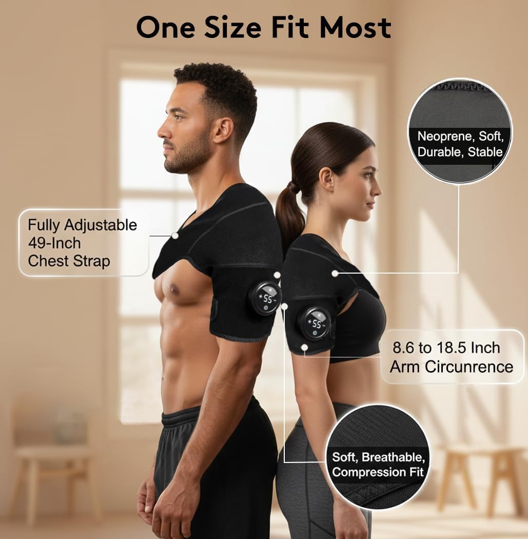 Cordless Shoulder Heating Pad with Vibration & Cold Gel Pack, Heat, Cool&Massage Support Wrap 6 Heat Level, 3 Vibration Mode, Adjustable Neoprene Shoulder Brace for Rotator Cuff Pain Relief Men&Women