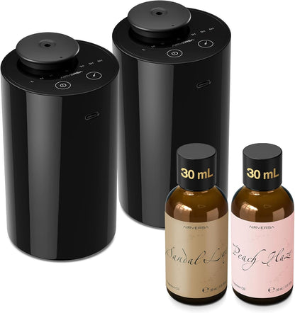 Airversa Waterless Essential Oil Diffuser Starter Kit with 4 x 10mL Hotel Scent Fragrance Oil, Battery Operated Mini Scent Air Machine Portable Diffuser for Home Car Office, AN8 Kit Black