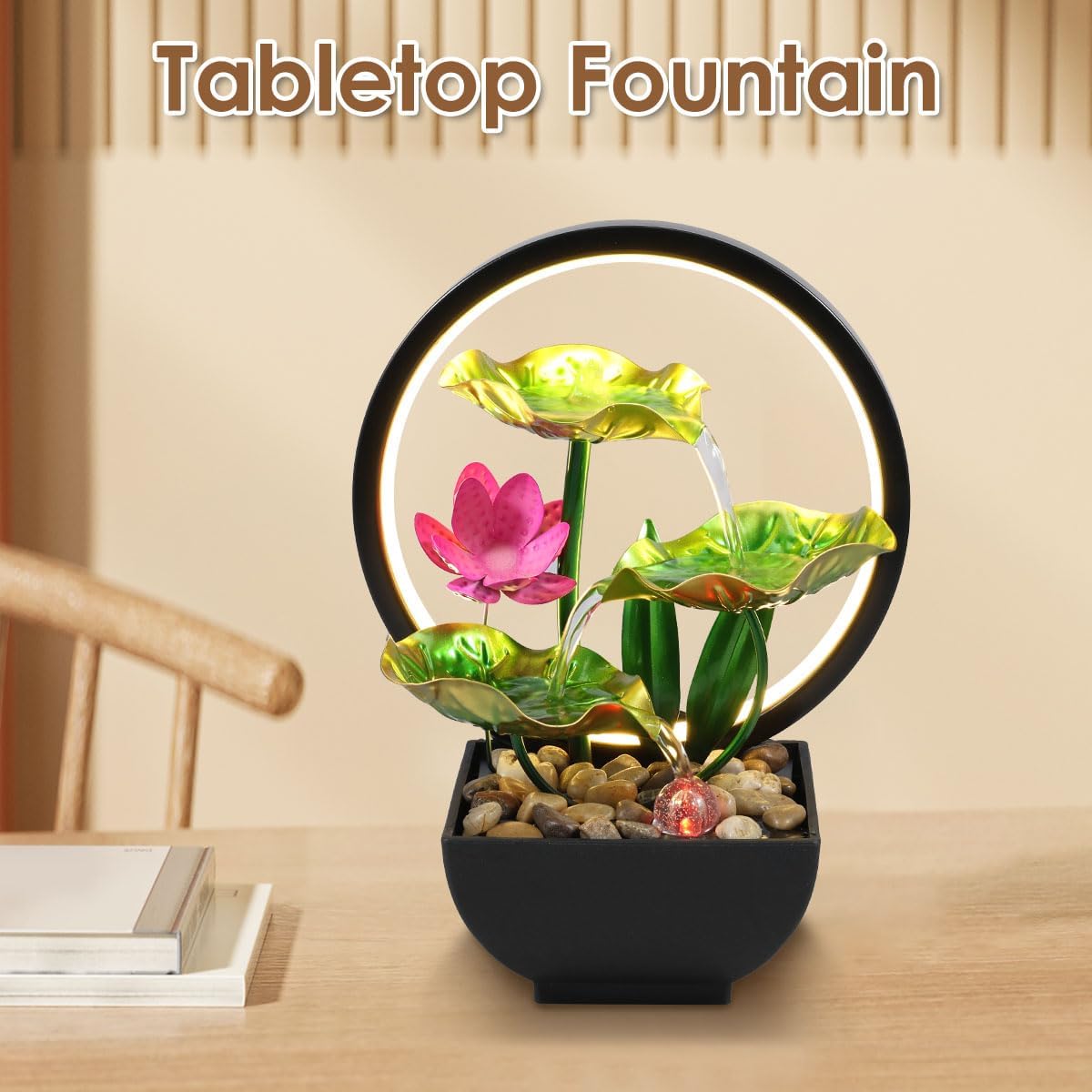 Tabletop Fountain 3-Tiers Leaf,11" Small Waterfall Fountains Indoor Water Fountain with Rocks and Ring Lights,Desktop Fountains for Meditation Relaxation for Bedroom Living Room Office