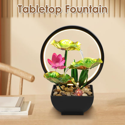 Tabletop Fountain 3-Tiers Leaf,11" Small Waterfall Fountains Indoor Water Fountain with Rocks and Ring Lights,Desktop Fountains for Meditation Relaxation for Bedroom Living Room Office