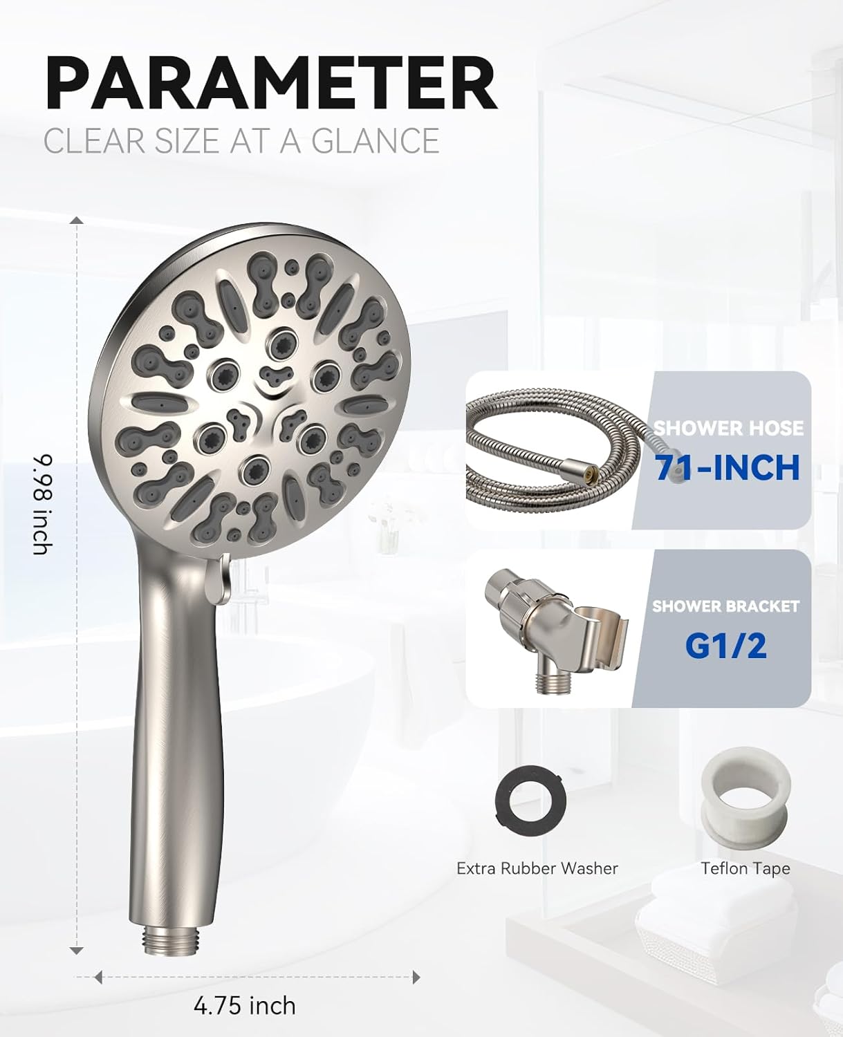6-Setting Shower Head with Handheld, JDO High Pressure Hand held Shower Head, 4.7 Inch Chrome Detachable Showerhead Set with 59 Inch Stainless Steel Hose and Adjustable Showerhead Holder