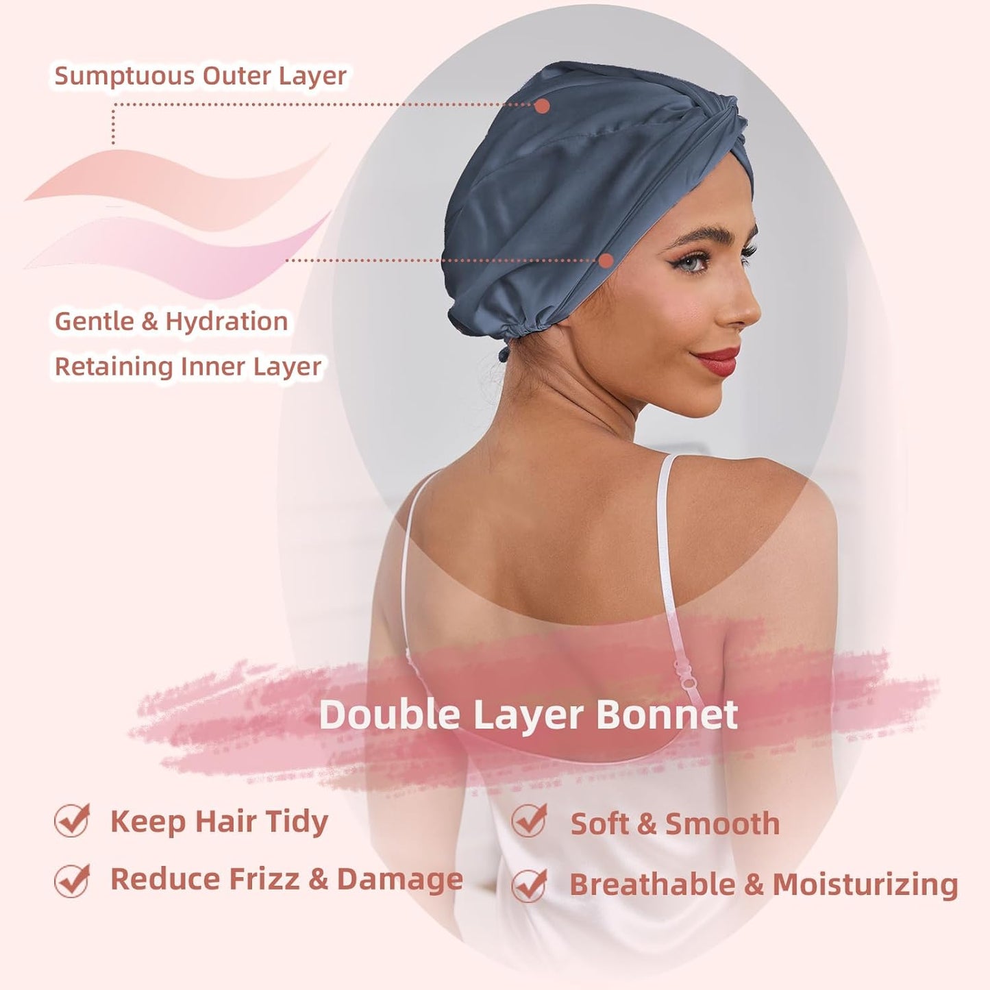 Adjustable Silk Satin Hair Bonnet for Sleeping Women, Double Layer, Silk Hair Wrap for Sleeping Women Men, Curly Natural Braid Straight Unisex - Pink