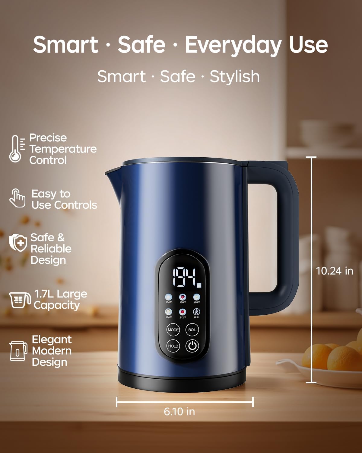 Electric Kettle with Temperature Control, 1.7L Hot Water Kettle for Tea, Coffee & Daily Use, 5 Presets, 2H Keep Warm, Stainless Steel Interior, Auto Shut-Off, Cordless Electric Tea Kettle, Blue