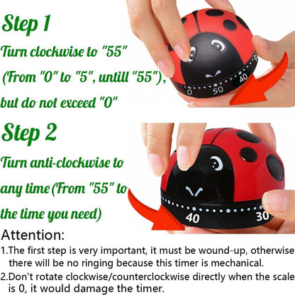 Cute Ladybug Shape Mechanical Timer Wind-Up 60 Minutes Manual Rotating Countdown Timers for Oven,Cooking,Restroom,Classroom,Exercise,Bathroom,etc...