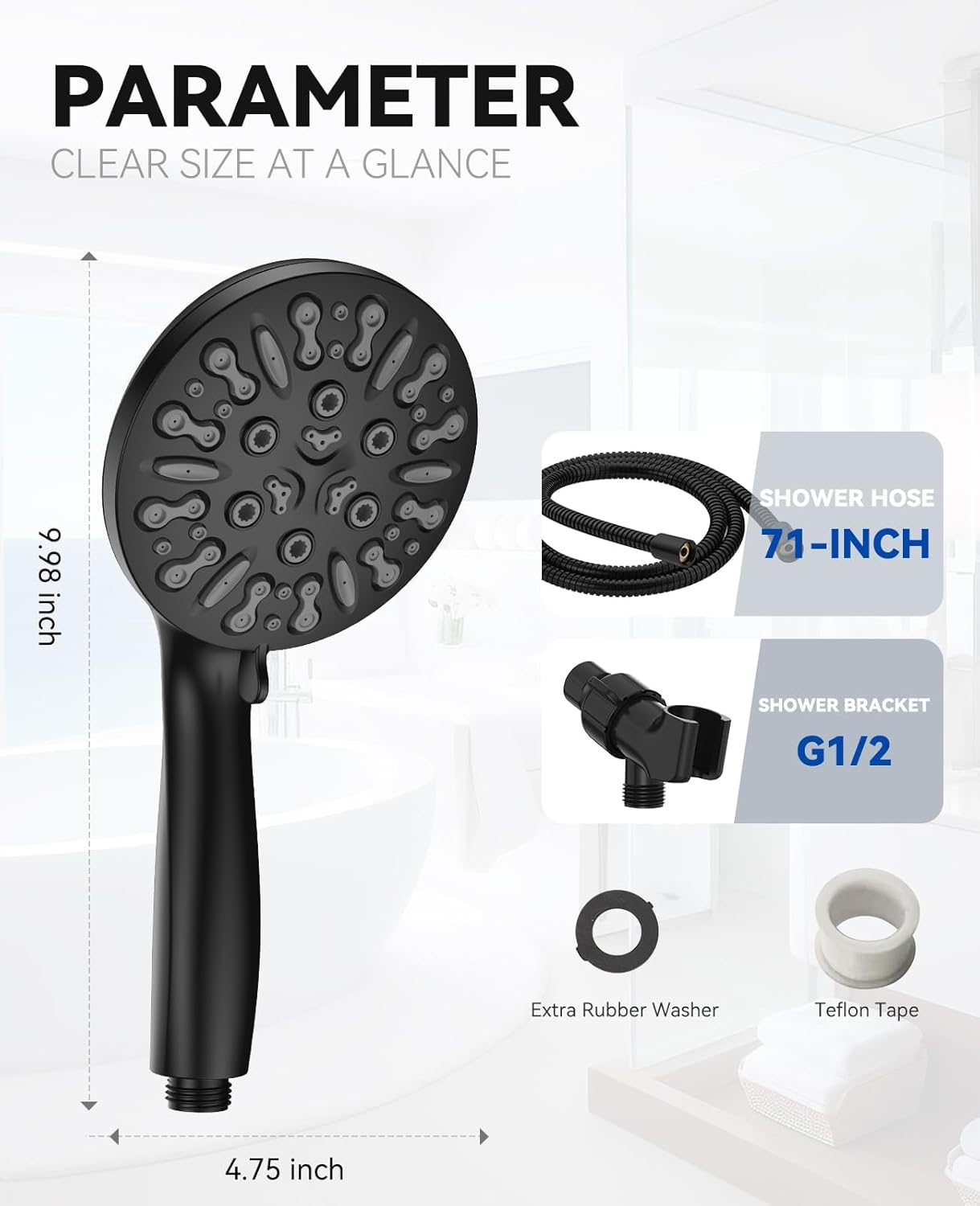 6-Setting Shower Head with Handheld, JDO High Pressure Hand held Shower Head, 4.7 Inch Chrome Detachable Showerhead Set with 59 Inch Stainless Steel Hose and Adjustable Showerhead Holder