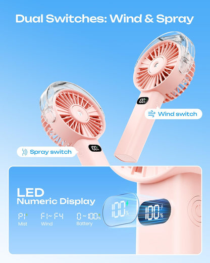 Otlonpe Handheld Misting Fan Portable, 4000mAh Rechargeable Battery Powered, Small Personal Mister Fan with Water Spray Cooling, 4-Speed Wind, LED Display, Hand Held Mist Fans for Travel Outdoor Beach