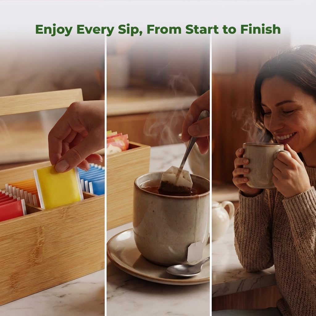 Tea Bag Organizer – Bamboo Tea Box Organizer with Acrylic Lid | Tea Storage Holder | Tea Caddy with 4 Compartments for Drawer, Kitchen Counter & Cabinet (11.8 x 3.5 x 3.5 in)
