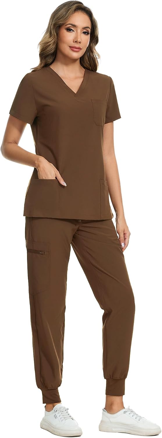 COZYFIT Scrubs for Women Set - Stretch V-Neck Scrub Top & Jogger Pant with 8 Pockets COZY SCRUBS - Colors D