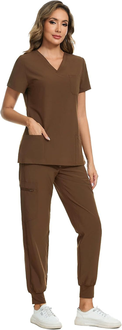 COZYFIT Scrubs for Women Set - Stretch V-Neck Scrub Top & Jogger Pant with 8 Pockets COZY SCRUBS - Colors D