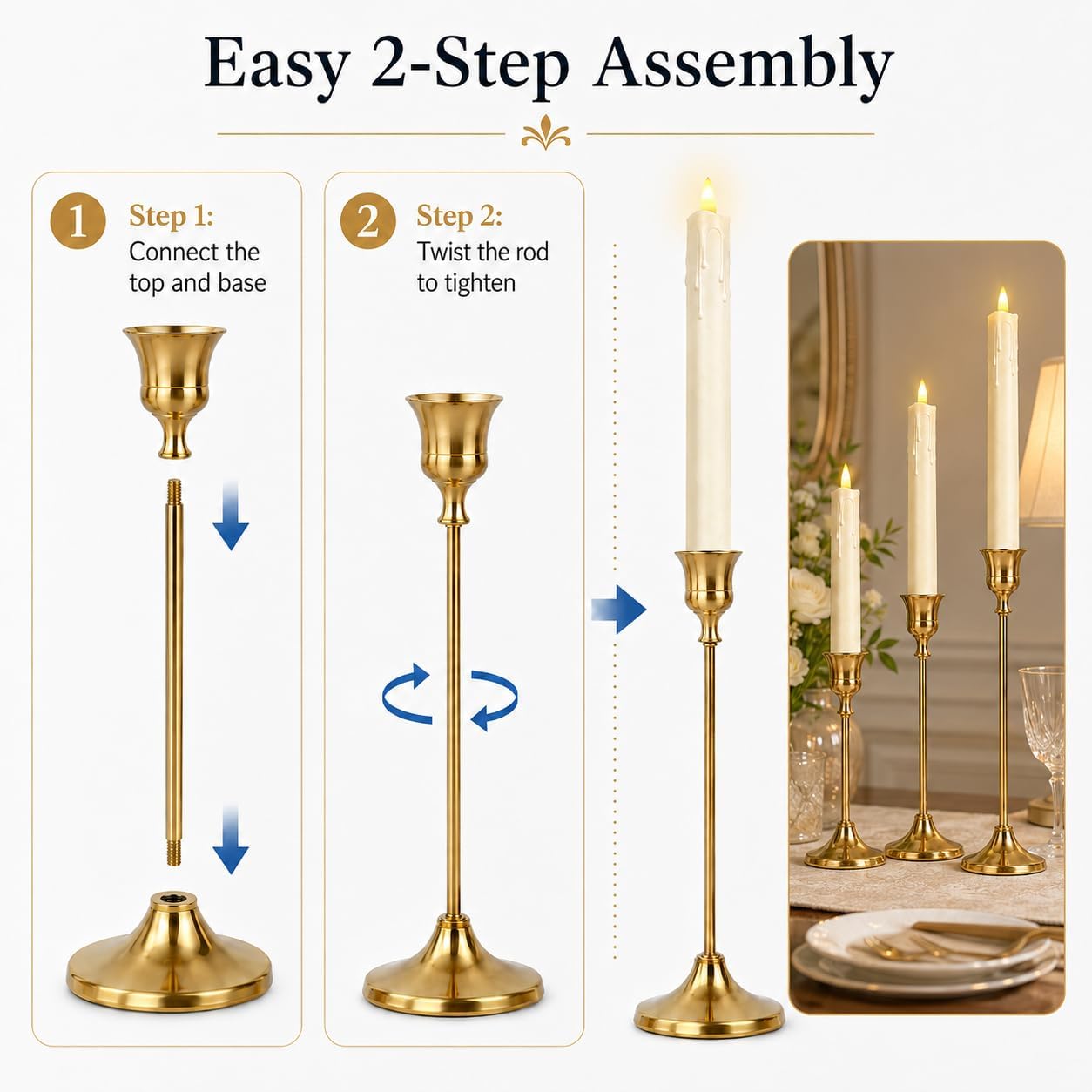 Candle Holder Set of 3, with 3 Flameless Candles & 1 Remote(Gold) | Taper Candle Holders, Metal Non Slip Stable Base, for Home Decor, Holiday Party, Pet & Kid Friendly