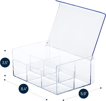 RoyalHouse Acrylic Tea Bag Holder Storage Organizer, 6 Compartment BPA Free Clear Plastic Tea Box with Lid, Multi-Purpose storage Box for Tea Bags, Office Supplies, Crafts, and Small Items.