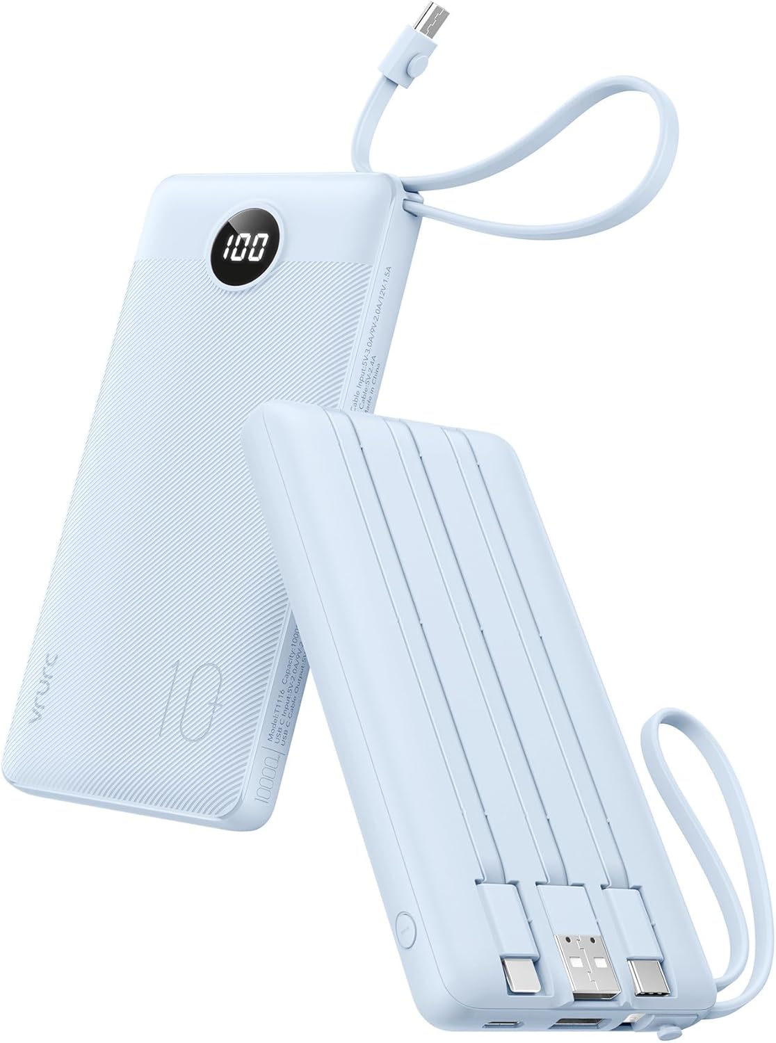 VRURC Portable Charger, Slim Power Bank Built-in 4 Cables, Travel Essential