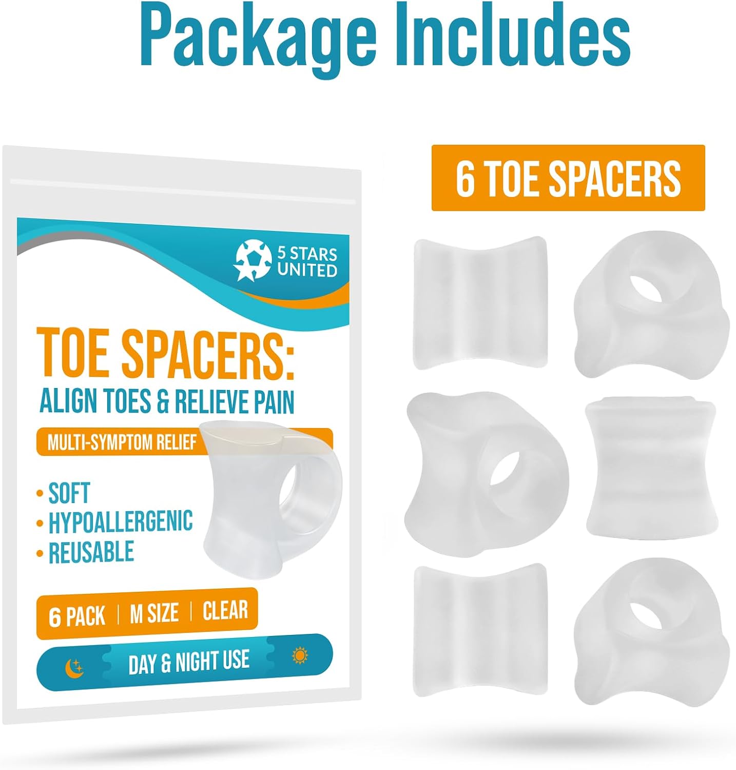 5 STARS UNITED Big Toe Spacers for Men & Women – 4 Gel Separators for Overlapping & Curled Toes, Bunions, Alignment - Diabetic Foot Care, Silicone Spreader, Corrector & Straightener, Clear