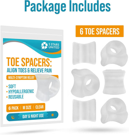 5 STARS UNITED Big Toe Spacers for Men & Women – 4 Gel Separators for Overlapping & Curled Toes, Bunions, Alignment - Diabetic Foot Care, Silicone Spreader, Corrector & Straightener, Clear