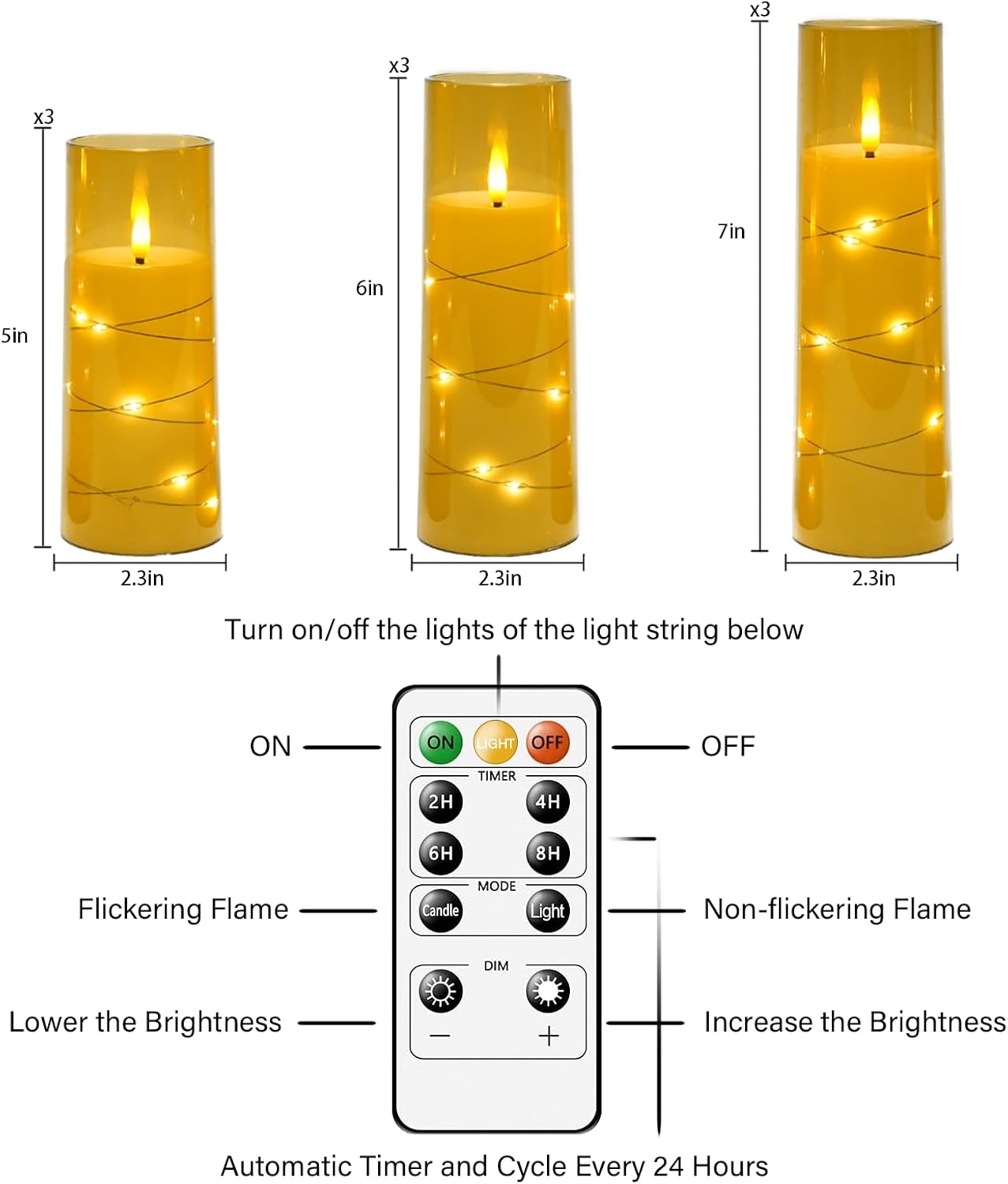 Nimiko Flickering Flameless LED Candles,Battery Operated Candles 24 Pcs with Embedded Star String,Acrylic LED Pillar Candles with Remote,Suitable for Home Decoration to Create an Atmosphere (White)