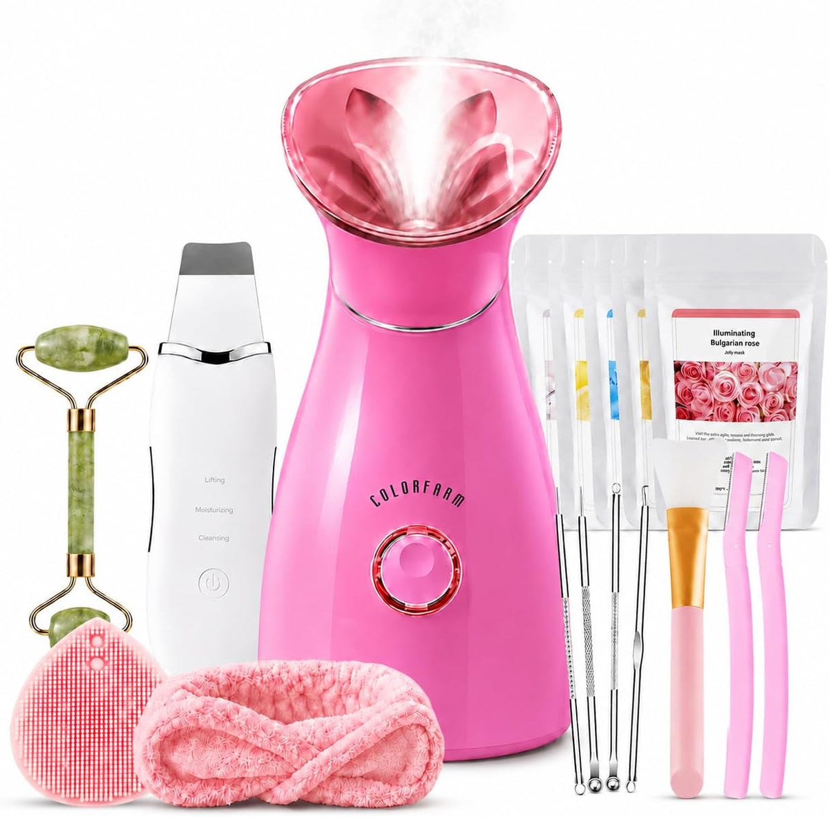 Colorfarm Facial Steamer Spa Kit with 17 Skin Care Tools for Home Spa