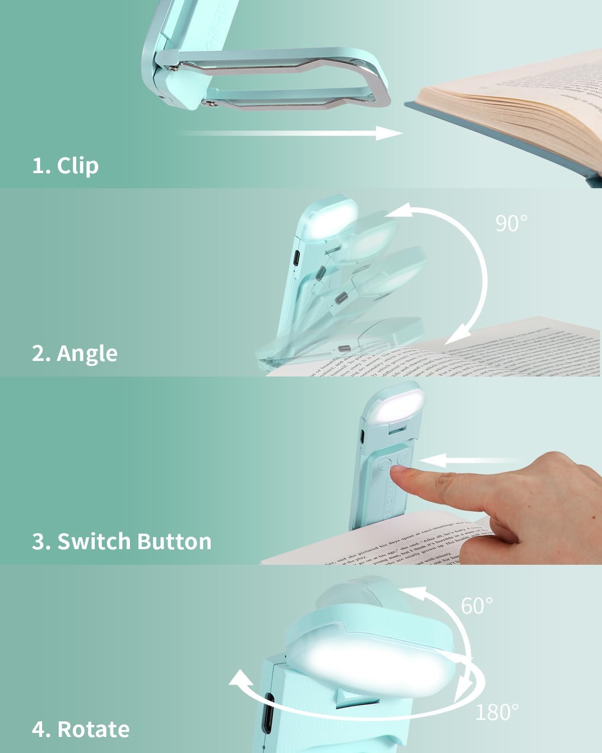 HEMONNKAM Book Reading Light, Rechargeable Clip on Booklight, Eye Caring 3 Color Temperatures & 5 Brightness Levels, Night Use for Bed, Long Lasting, Reading at Night in Bed, Purple