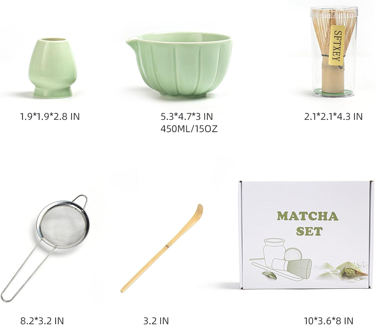 Matcha Whisk Set, Matcha Set Includes Ceramic Matcha Bowl, Bamboo Whisk, Scoop, Chasen Holder, Sifter, 5 Pcs Perfect Matcha Kit for Matcha Lover (Mottled Green)