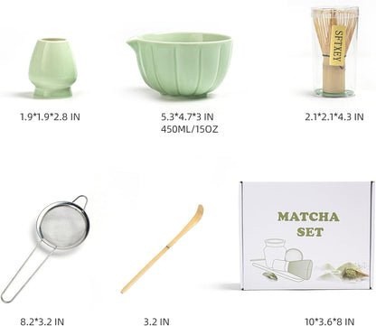 Matcha Whisk Set, Matcha Set Includes Ceramic Matcha Bowl, Bamboo Whisk, Scoop, Chasen Holder, Sifter, 5 Pcs Perfect Matcha Kit for Matcha Lover (Mottled Green)