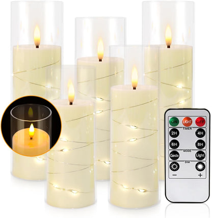 24 Pcs LED Flameless Candles with Remote, 3D Flickering Flame & LED String Lights, Acrylic Clear Cylinder, Timer Function, Romantic Ambience for Home Decor, Party, Wedding (Ivory).