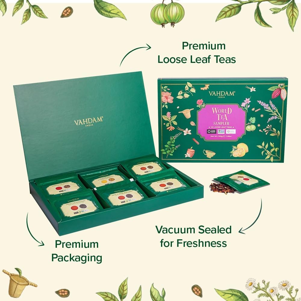 VAHDAM World Top 20 Favourites Tea Sampler Set | Loose Leaf Tea (100+ Cups) | Tea Variety Pack with Green, Herbal, Black & Chai Brew | Vacuum Sealed For Freshness | Brew Hot & Cold