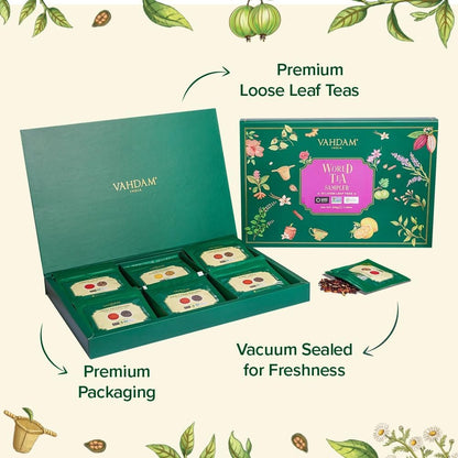 VAHDAM World Top 20 Favourites Tea Sampler Set | Loose Leaf Tea (100+ Cups) | Tea Variety Pack with Green, Herbal, Black & Chai Brew | Vacuum Sealed For Freshness | Brew Hot & Cold