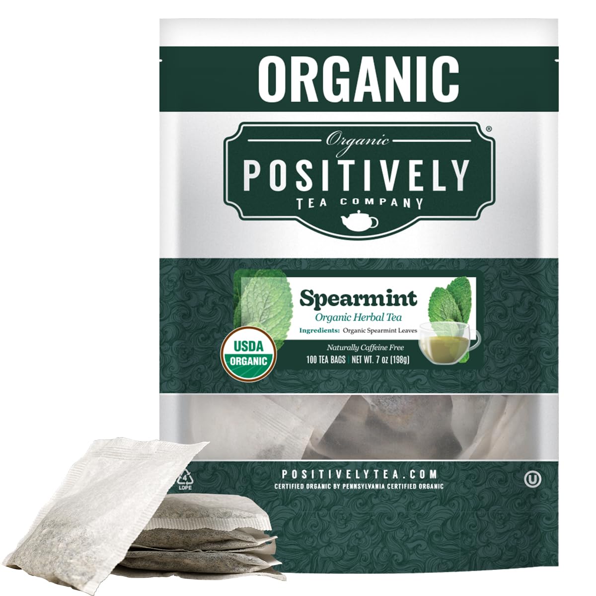 Positively Tea, Organic Spearmint Leaf Herbal, 100 Ct Tea Bag Value Pack
