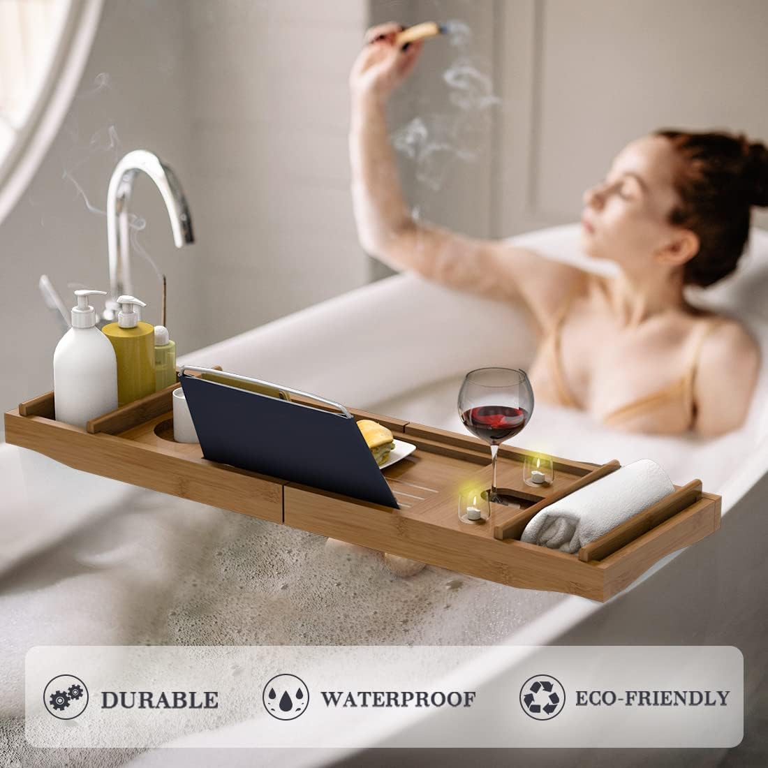 Bath Caddy Tray for Bathtub - Bamboo Adjustable Organizer Tray for Bathroom with Free Soap Dish Suitable for Luxury Spa or Reading