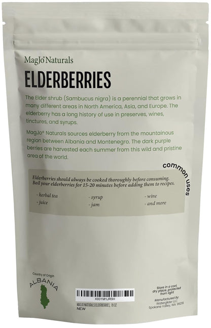 MagJo 100% Wild Harvest Dried Elderberries - 1lb Bulk - Non-Irradiated, Whole Black Elderberry Immune Support - Raw Vegan Sambucus 1 Pound