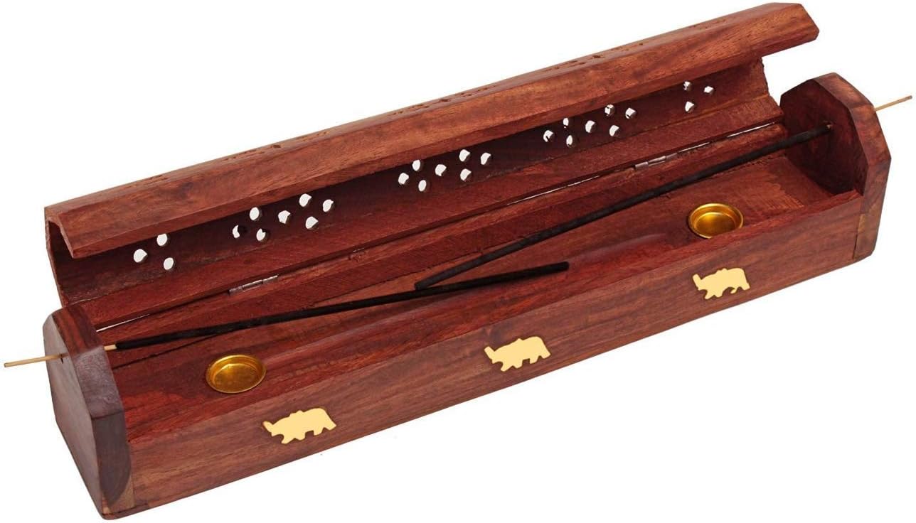 raajsee Beautiful Handmade Wooden Brown Incense Stick Holder Burner Storage Coffin Box - Ash Catcher with Brass Inlay -Home Utilities & Accessories -Meditation -Great Gift for Any Occasion 12x2 inch
