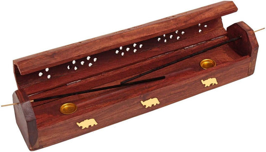 raajsee Beautiful Handmade Wooden Brown Incense Stick Holder Burner Storage Coffin Box - Ash Catcher with Brass Inlay -Home Utilities & Accessories -Meditation -Great Gift for Any Occasion 12x2 inch