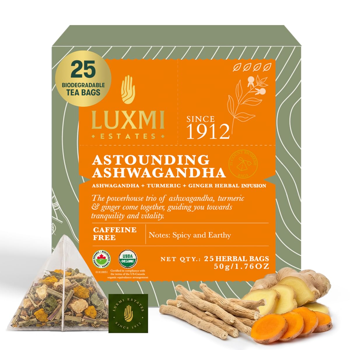Luxmi Estates Ashwagandha Turmeric | Organic Adaptogen Tea with Ashwagandha, Turmeric, Ginger, Lemongrass, Licorice & Moringa, Caffeine-Free | 25 Biodegradable Tea Bags | 50g/1.76oz