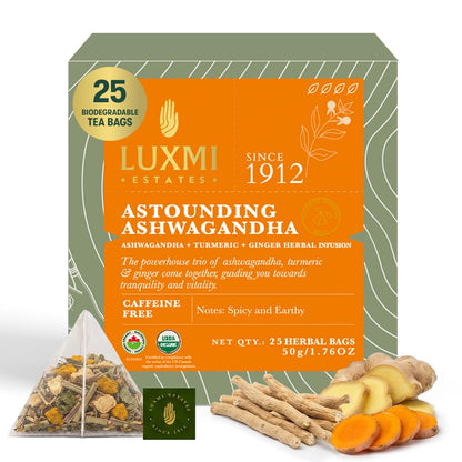 Luxmi Estates Ashwagandha Turmeric | Organic Adaptogen Tea with Ashwagandha, Turmeric, Ginger, Lemongrass, Licorice & Moringa, Caffeine-Free | 25 Biodegradable Tea Bags | 50g/1.76oz