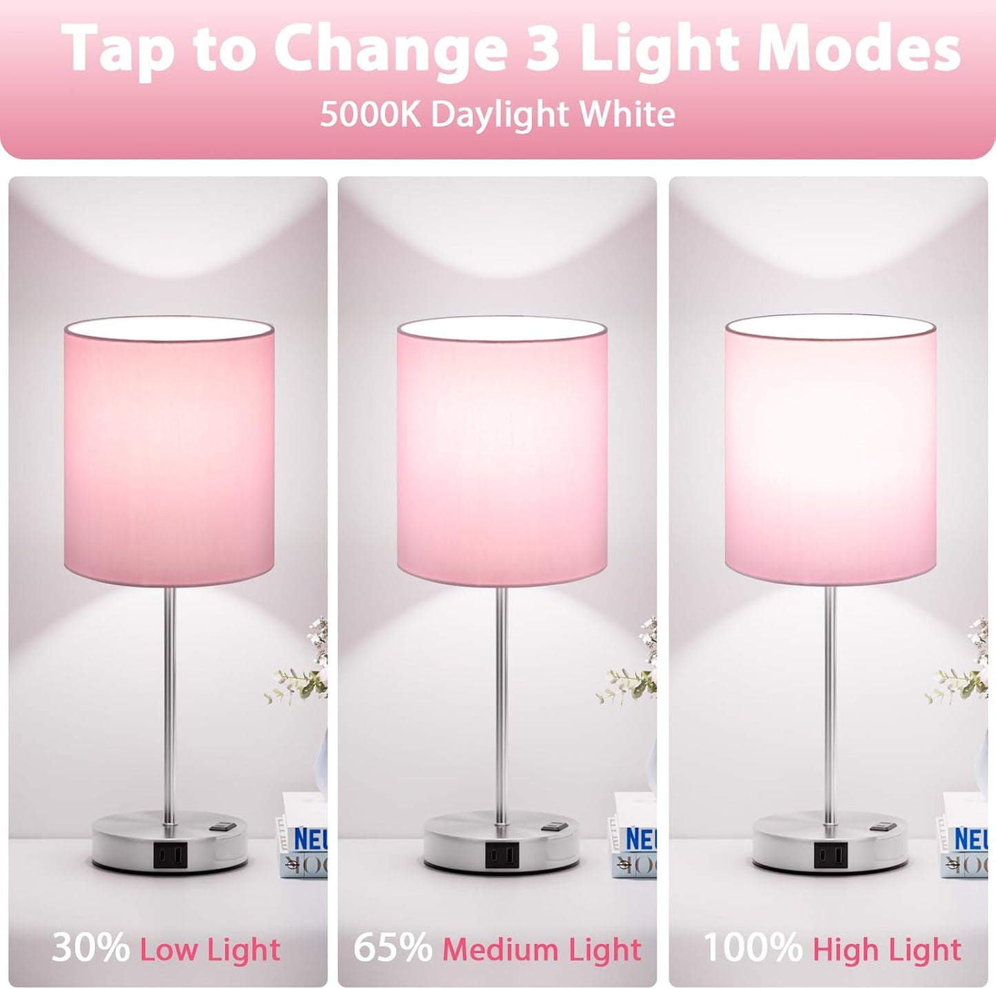 Blue Touch Lamps for Nightstand Set of 2 - Bedside Table Lamp for Bedroom with Dual USB Ports & AC Outlet, 3-Way Dimmable Lamps for Living Room Boys Room, Night Light with 5000K Daylight Bulbs