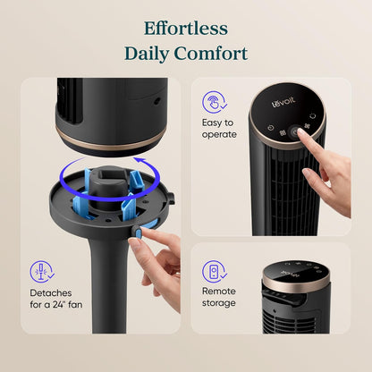 LEVOIT Tower Fan for Bedroom, Standing Fan with 36”-47” Adjustable Height, 90° Oscillating Room Fan, 28dB Quiet for Sleep, 23 ft/s Velocity, 5 Speeds 4 Modes, 12H Timer, Remoter, for Home, White