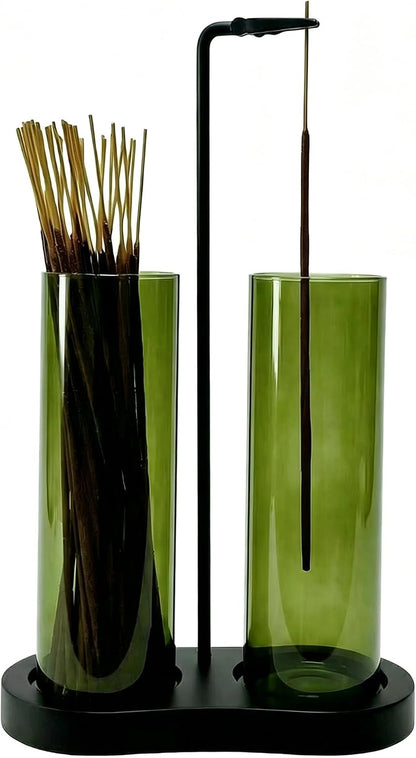 Green Glass Incense Holder, Colorful Incense Sticks Burner Holder with Storage,Hang Upside Down Incense Holder for Sticks with Glass Ash Catcher for Meditation Yoga Spa Room Decor (Green)