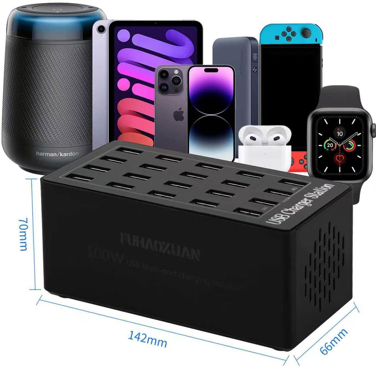 Charging Station, 100W 20-Port USB Multi Device Charger Hub with Intelligent Safety Features, Compact Power Strip for Phones, Watches, Pads, Speakers, Headphones & PS, Ideal for Home Office & Travel