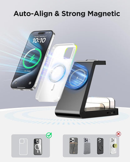 Charging Station for iPhone,5 in 1 Wireless Charger Stand Dock for Apple: Mag-Safe Charging Station for Multiple Devices Apple iPhone 17 16 15 14 13 12 Pro Max Plus Apple Watch iWatch Magnetic(White)
