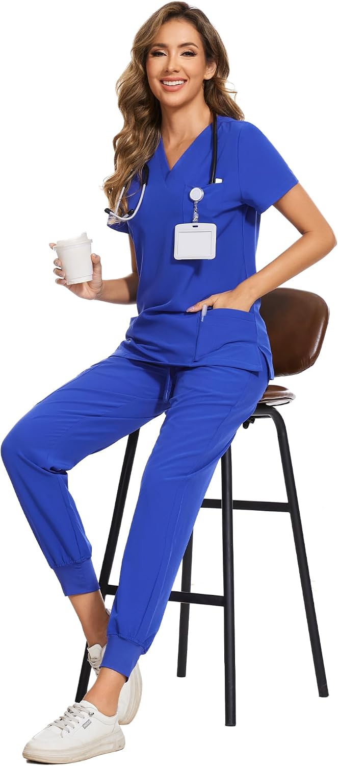 COZYFIT Scrubs for Women Set - Stretch V-Neck Scrub Top & Jogger Pant with 8 Pockets COZY SCRUBS - Colors B