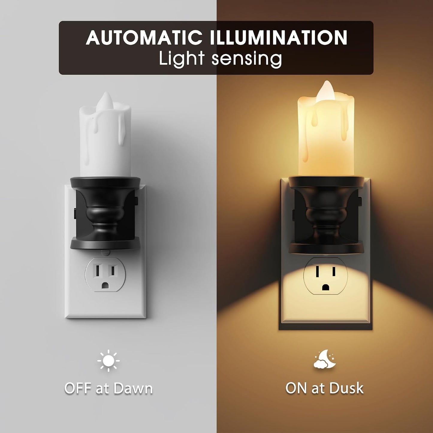 Briignite Flameless Candle Night Light, 2 Pack, Night Lights Plug into Wall, Candle Nightlight with Light Sensor, 0-100LM Dimmable LED Night Light Plug in, 1800K Amber Nightlight for Hallway Bathroom