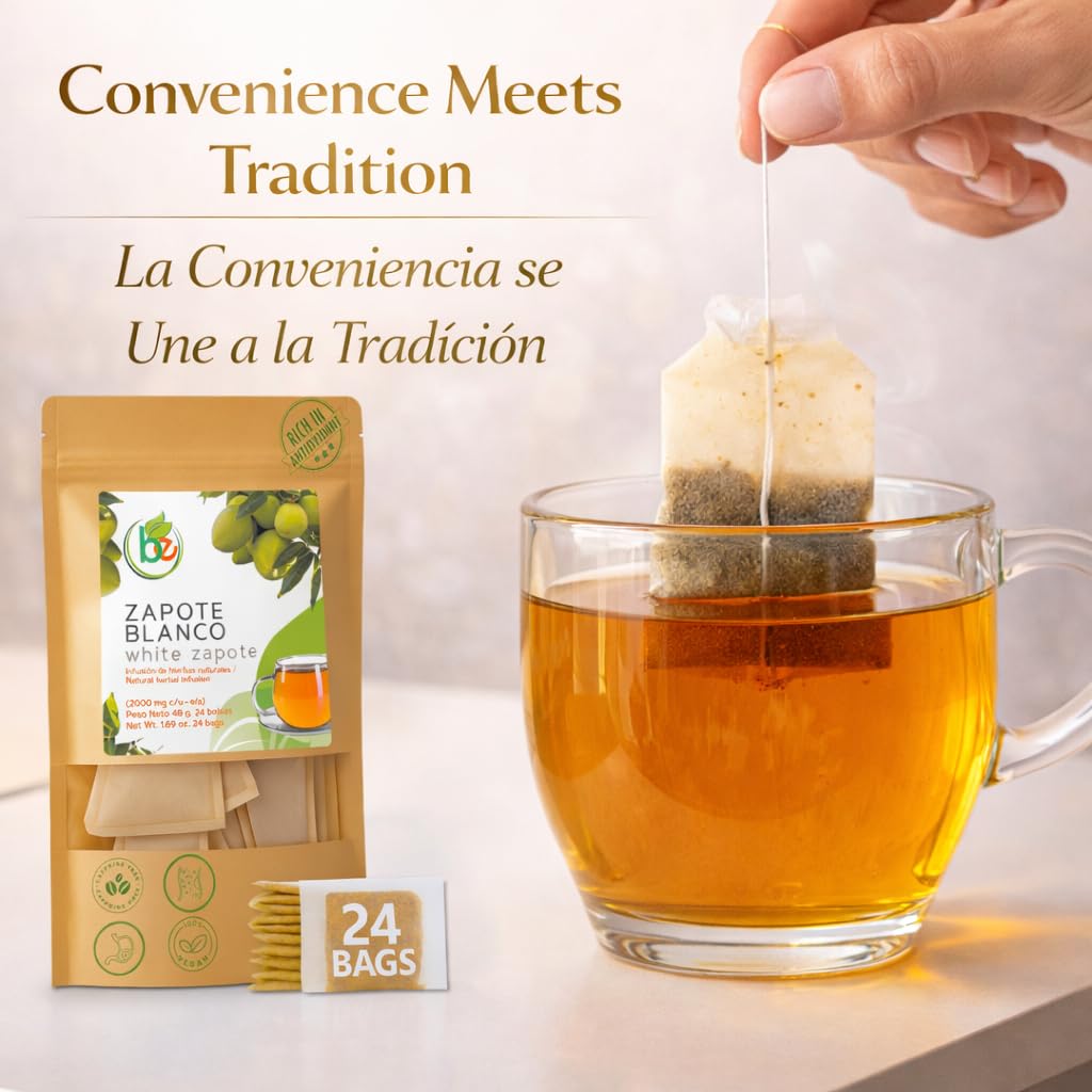 Zapote Blanco Herbal Tea (24 Tea Bags) - 2000mg per Bag - 100% Natural White Sapote Leaves from Mexico - Traditional Mexican Infusion - Caffeine-Free, Non-GMO, Vegan - Authentic Herbs by BEXPERTSUSA