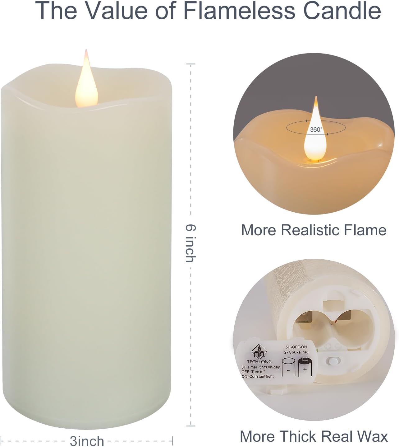 TECHLONG Flickering Flameless Candles with 3D Moving Flame, Last 1000+ Hours Battery Operated Candles with Timer, Ivory Real Wax Pillar Electric LED Candle for Wedding Christmas Party/3" x 5"