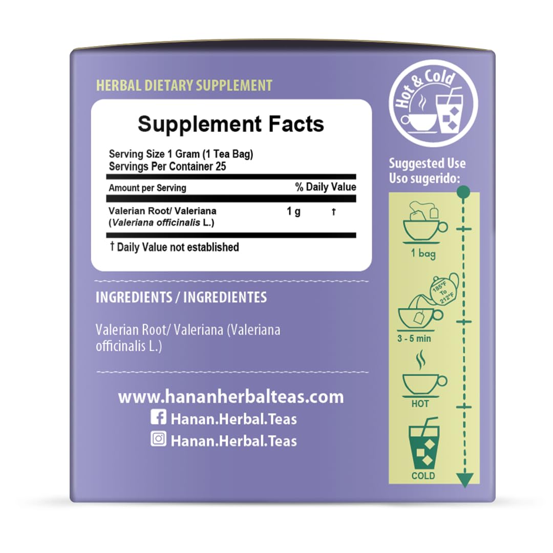 Hanan Peruvian Secrets Valeriana Herbal Tea | 100% Natural Valerian Root | 25 Tea Bags | Naturally Aids in Relieving Occasional Stress, Tension | Safely Promotes Sleep and Relaxation